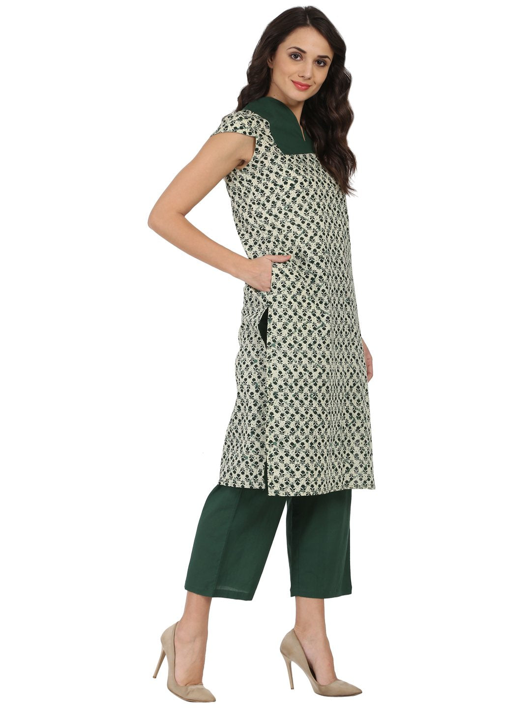 Green Sleeveless cotton Kurta with green palazzo | NOZ2TOZ - Made In INDIA.