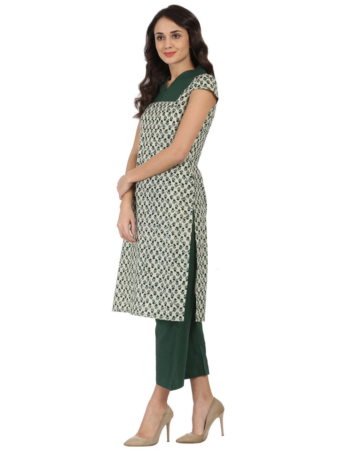 Green Sleeveless cotton Kurta with green palazzo | NOZ2TOZ - Made In INDIA.