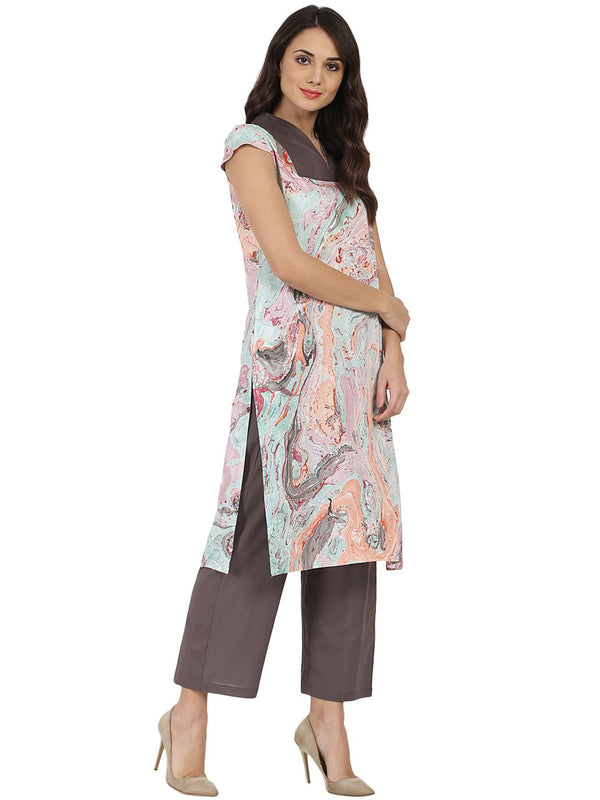 Multi Marbal printed Cotton sleeveless kurta with grey palazzo | NOZ2TOZ - Made In INDIA.