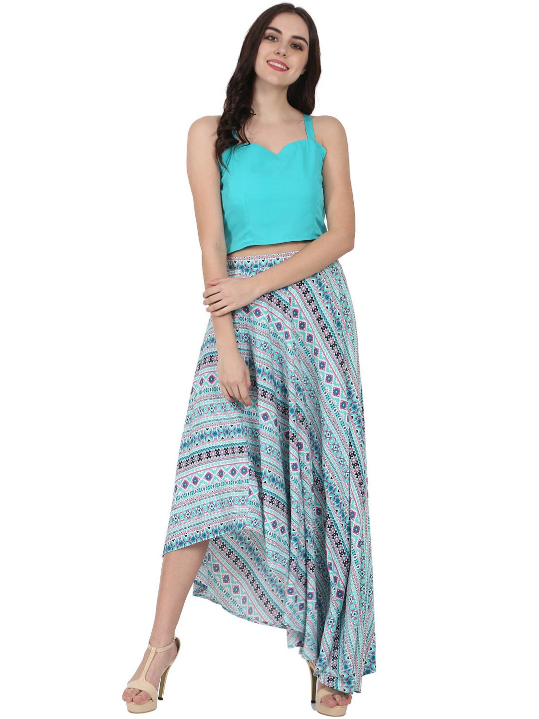 Blue Sleeveless crepe crop top with flared printed Assymetric skirt | NOZ2TOZ - Made In INDIA.