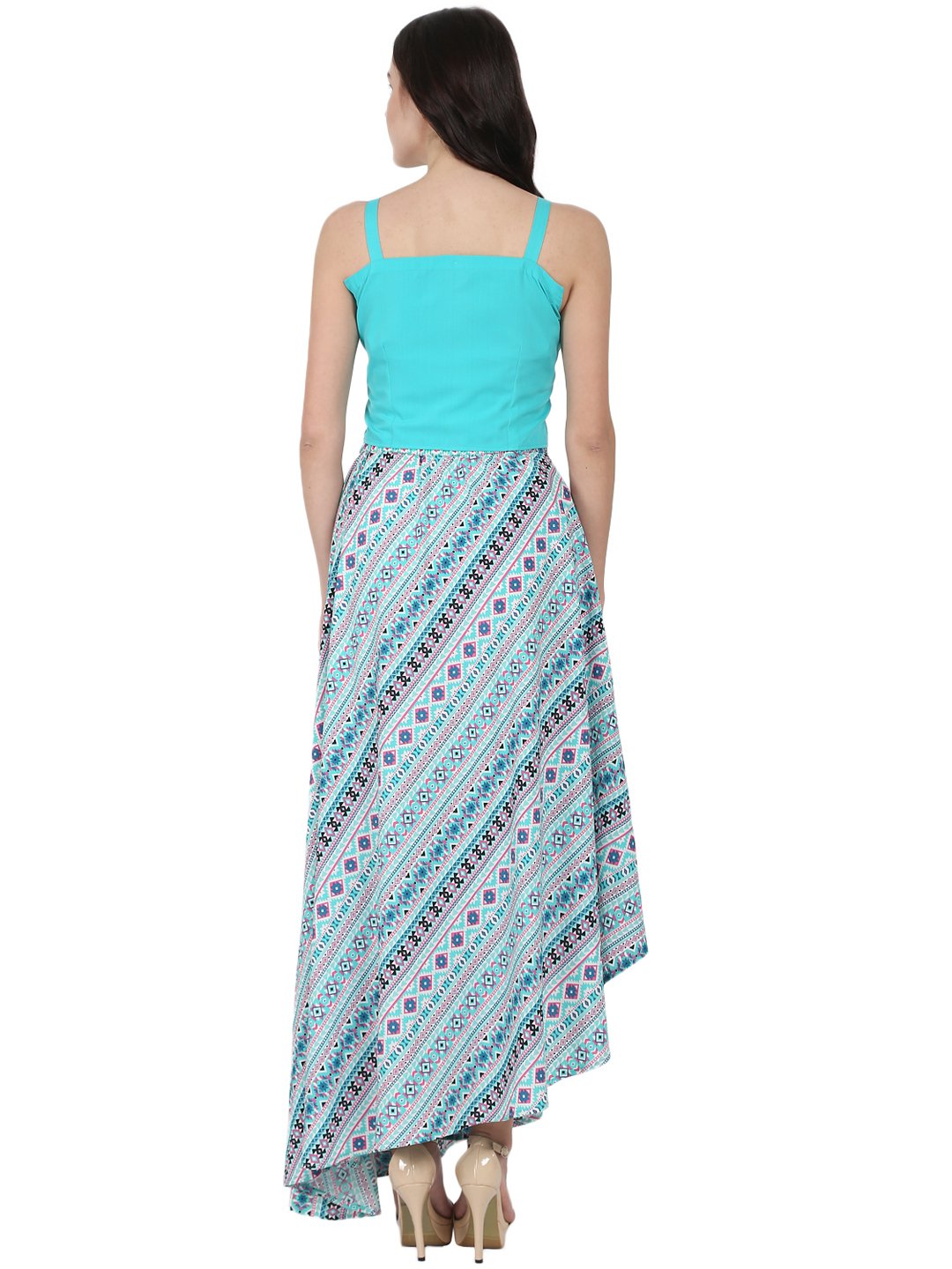 Blue Sleeveless crepe crop top with flared printed Assymetric skirt | NOZ2TOZ - Made In INDIA.