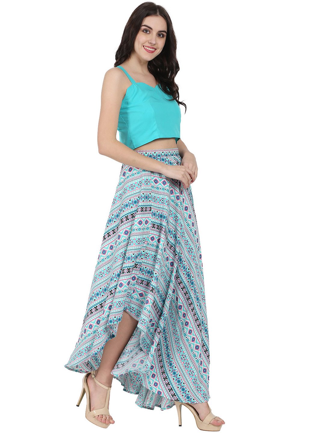 Blue Sleeveless crepe crop top with flared printed Assymetric skirt | NOZ2TOZ - Made In INDIA.