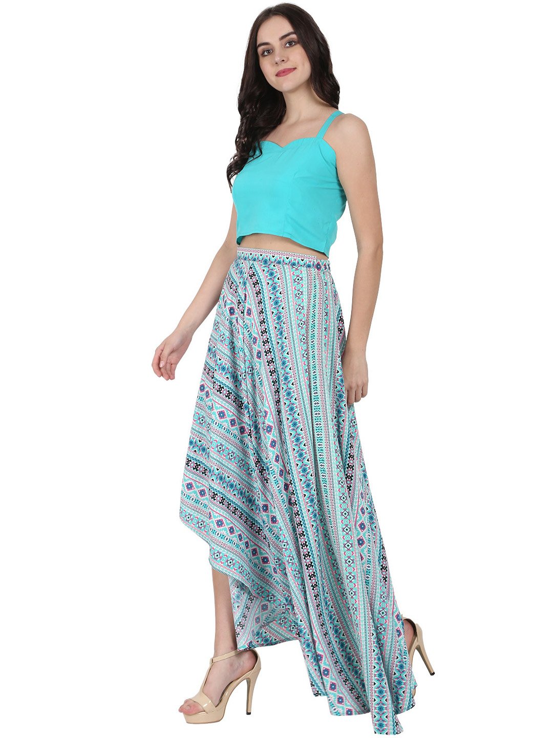 Blue Sleeveless crepe crop top with flared printed Assymetric skirt | NOZ2TOZ - Made In INDIA.