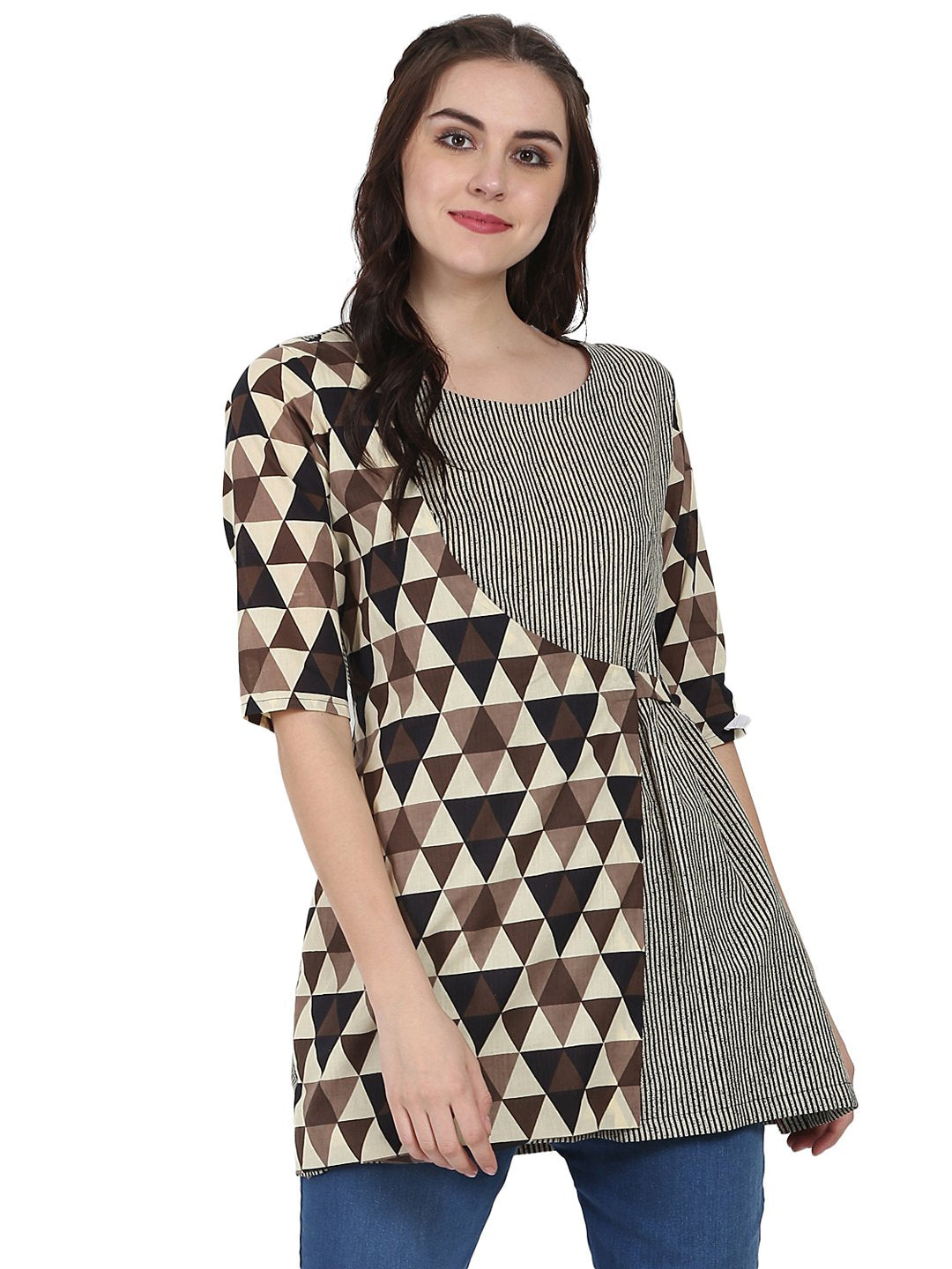 Beige printed 3/4th sleeve cotton layered tunic | NOZ2TOZ - Made In INDIA.