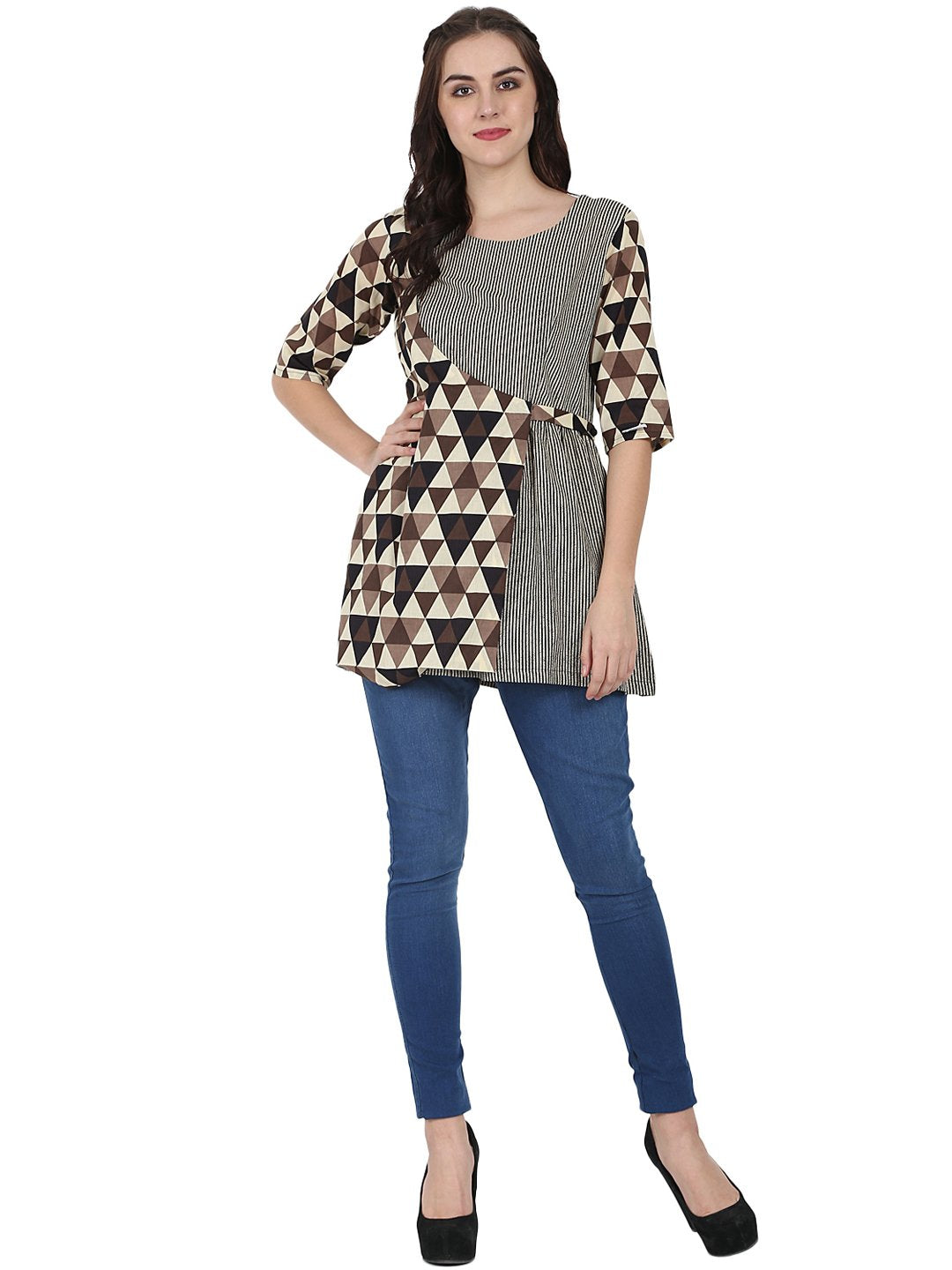 Beige printed 3/4th sleeve cotton layered tunic | NOZ2TOZ - Made In INDIA.