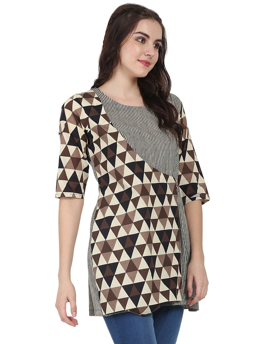 Beige printed 3/4th sleeve cotton layered tunic | NOZ2TOZ - Made In INDIA.