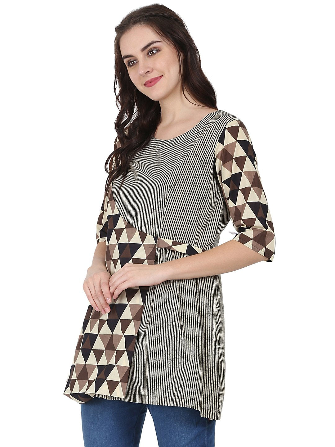 Beige printed 3/4th sleeve cotton layered tunic | NOZ2TOZ - Made In INDIA.