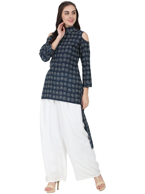 Blue printed 3/4th sleeve cold shoulder cotton tunic | NOZ2TOZ - Made In INDIA.