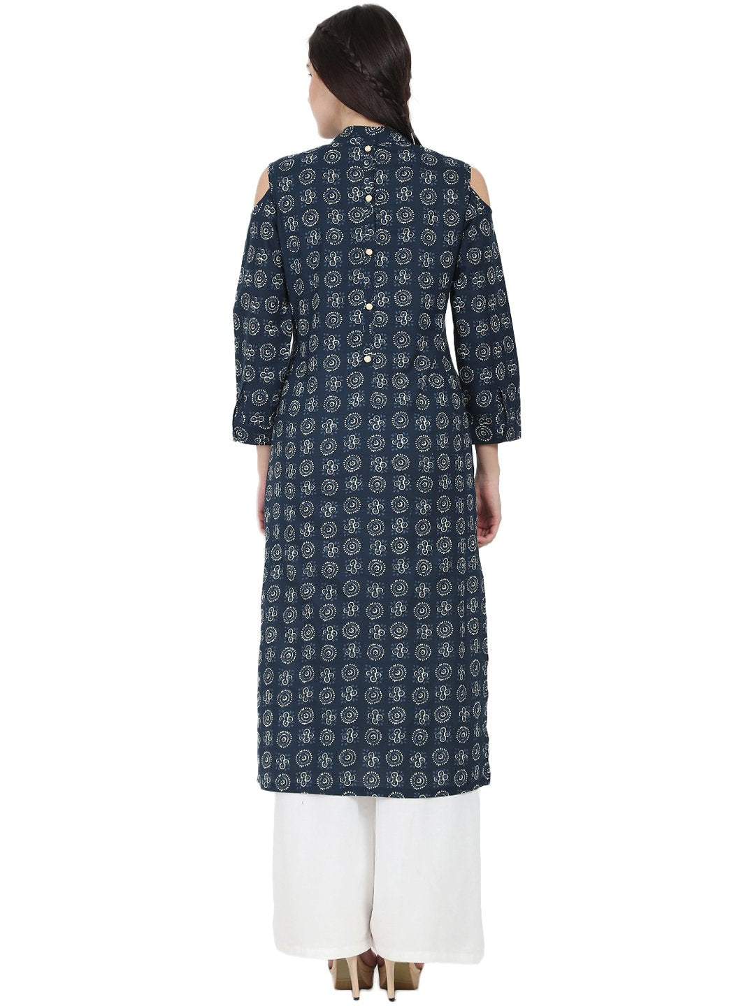 Blue printed 3/4th sleeve cold shoulder cotton tunic | NOZ2TOZ - Made In INDIA.