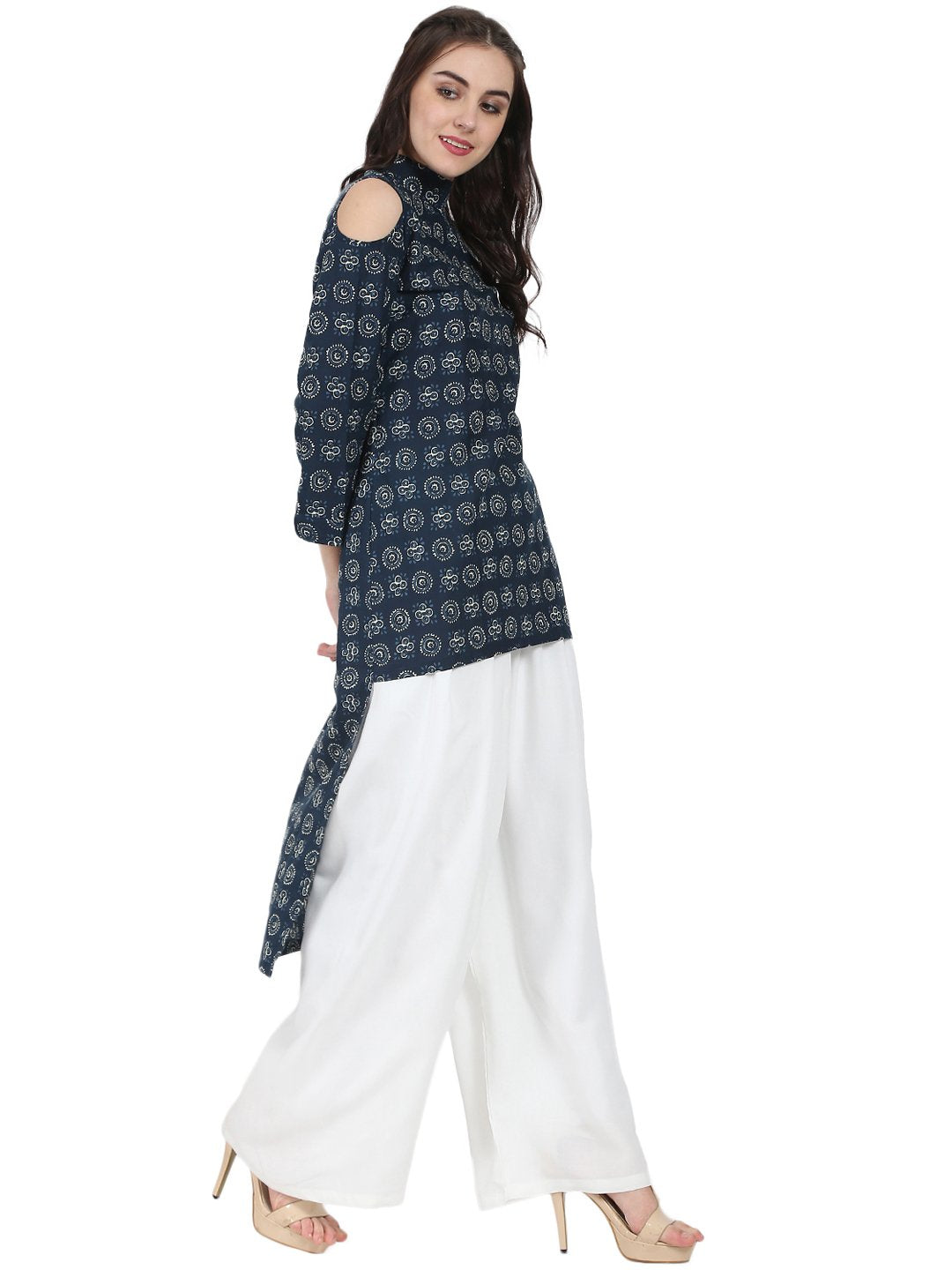 Blue printed 3/4th sleeve cold shoulder cotton tunic | NOZ2TOZ - Made In INDIA.