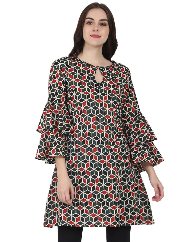 Green printed full sleeve cotton A-line Tunic with Flared sleeve | NOZ2TOZ - Made In INDIA.