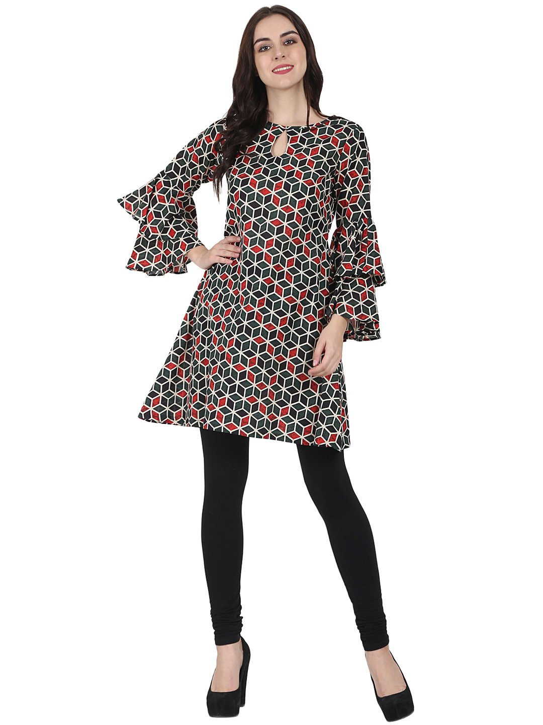 Green printed full sleeve cotton A-line Tunic with Flared sleeve | NOZ2TOZ - Made In INDIA.