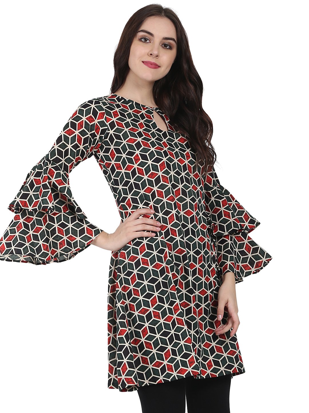 Green printed full sleeve cotton A-line Tunic with Flared sleeve | NOZ2TOZ - Made In INDIA.