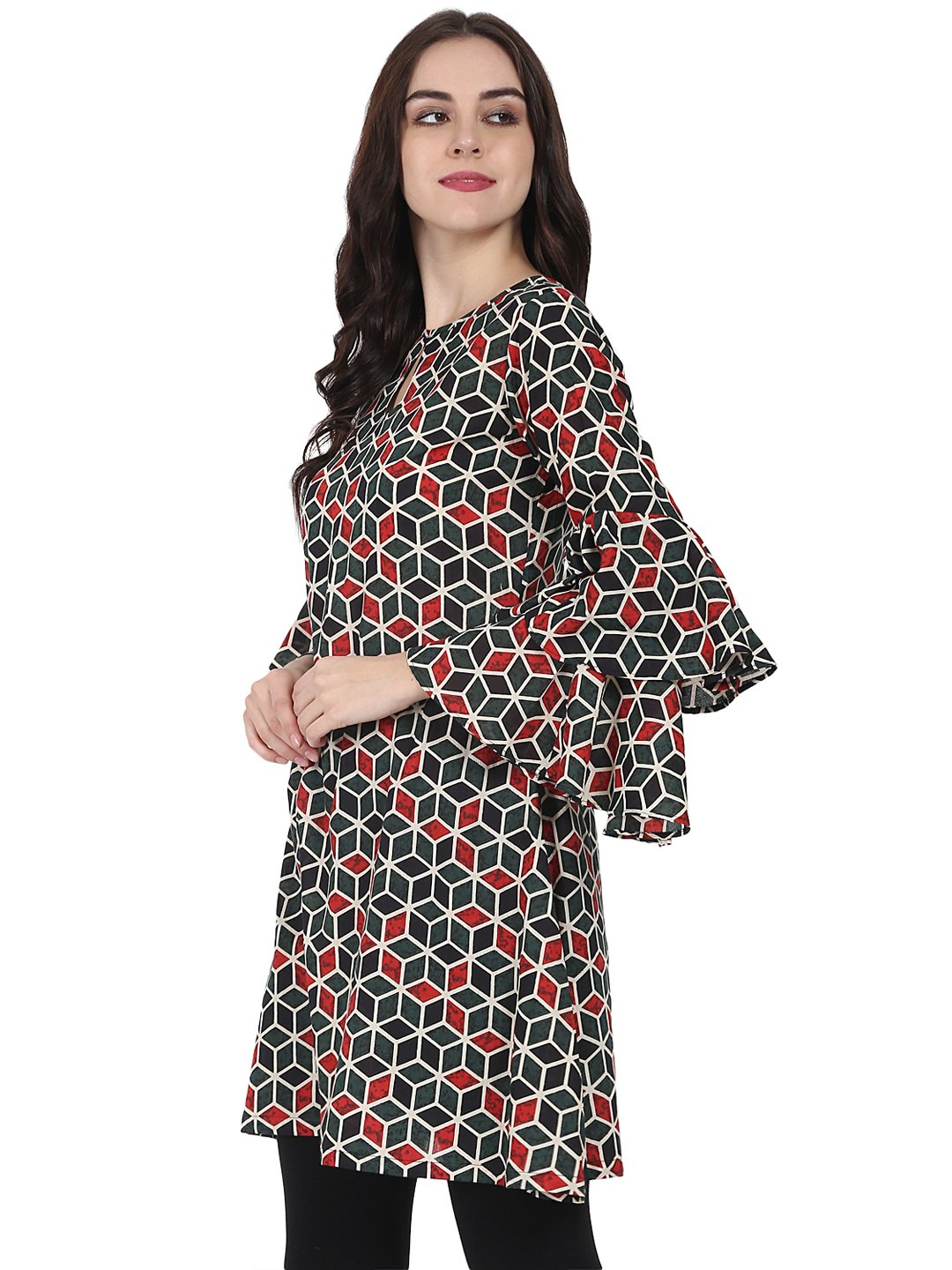 Green printed full sleeve cotton A-line Tunic with Flared sleeve | NOZ2TOZ - Made In INDIA.