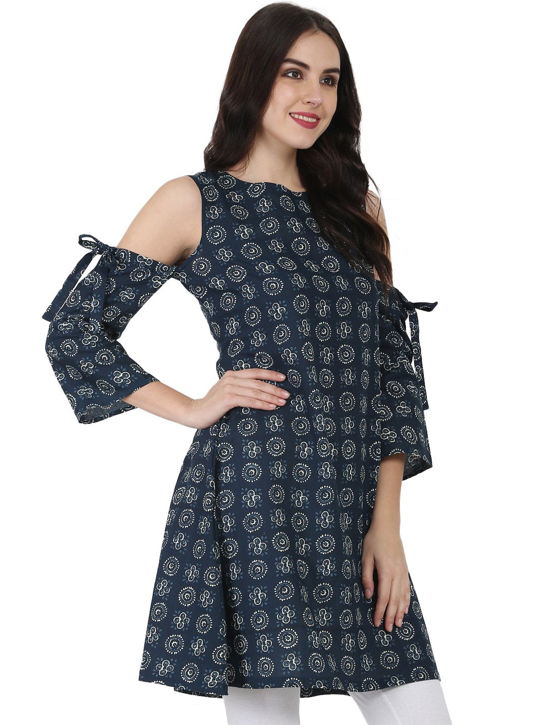 Blue printed short sleeve cotton kurta | NOZ2TOZ - Made In INDIA.