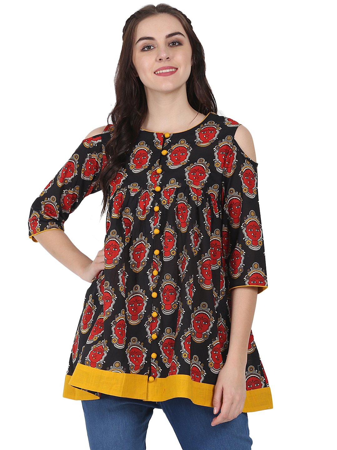 Black & Red printed 3/4th sleeve cotton Flared tunics | NOZ2TOZ - Made In INDIA.