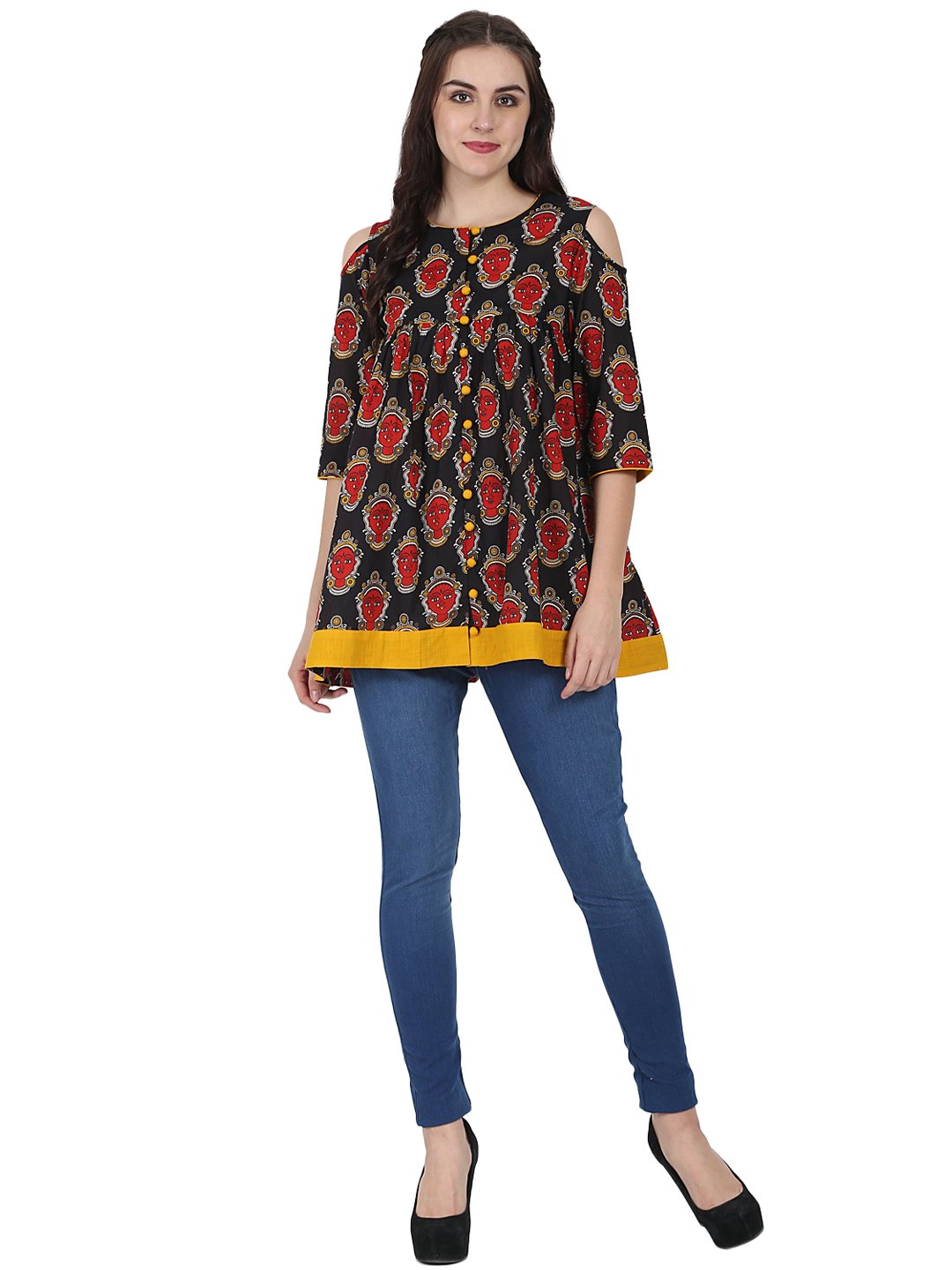 Black & Red printed 3/4th sleeve cotton Flared tunics | NOZ2TOZ - Made In INDIA.