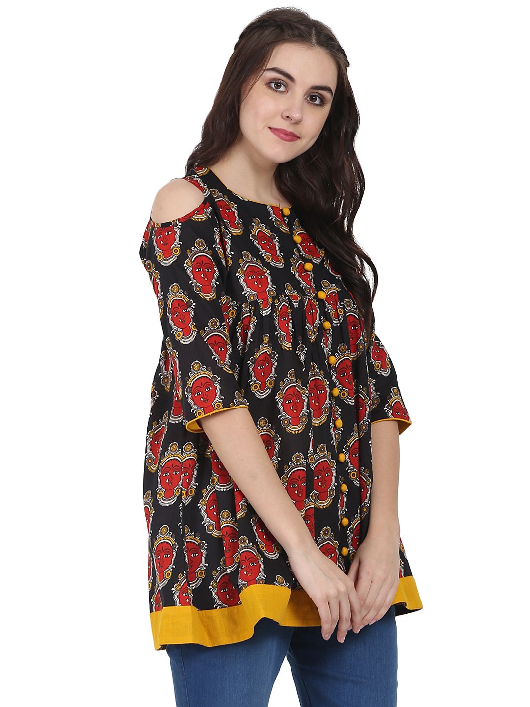 Black & Red printed 3/4th sleeve cotton Flared tunics | NOZ2TOZ - Made In INDIA.