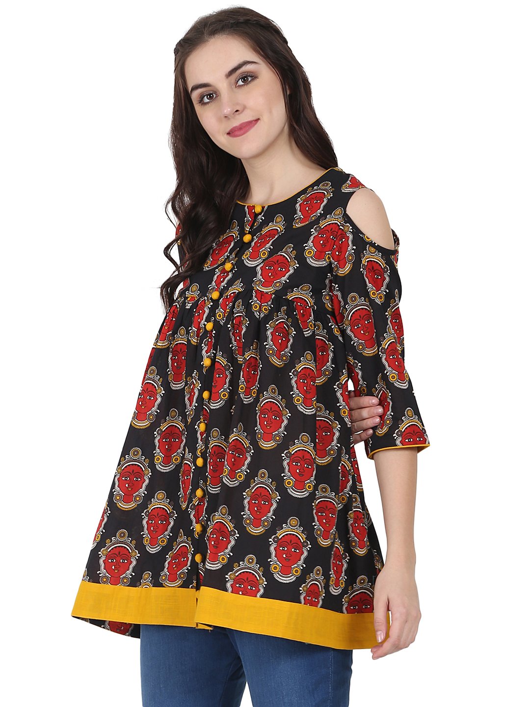 Black & Red printed 3/4th sleeve cotton Flared tunics | NOZ2TOZ - Made In INDIA.