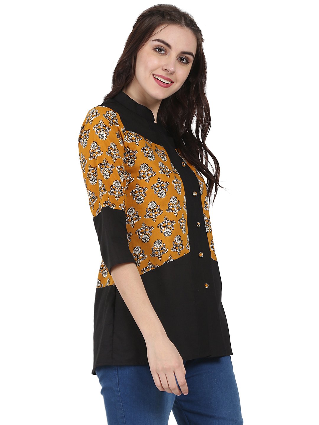 Yellow & Black 3/4th sleeve cotton tunic | NOZ2TOZ - Made In INDIA.