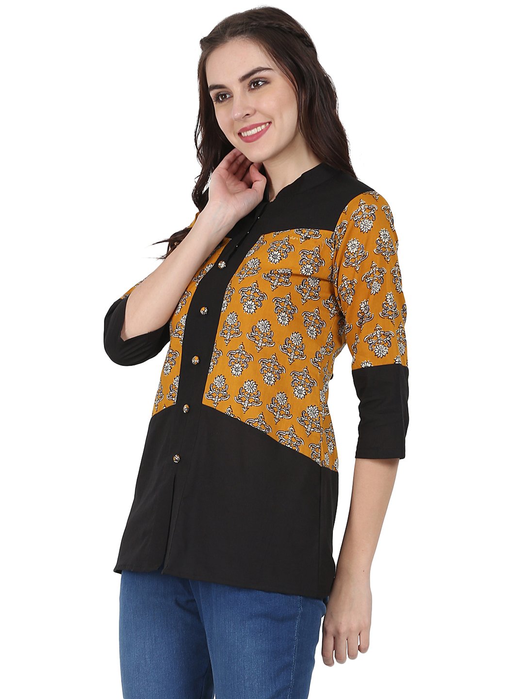 Yellow & Black 3/4th sleeve cotton tunic | NOZ2TOZ - Made In INDIA.