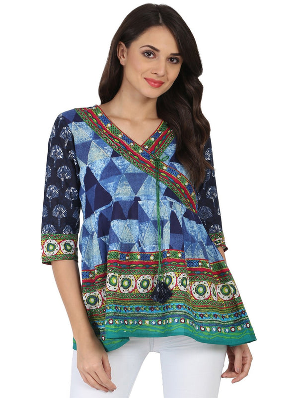 Blue printed 3/4th sleeve cotton Angrakha style tunic with latkan work at yoke | NOZ2TOZ - Made In INDIA.