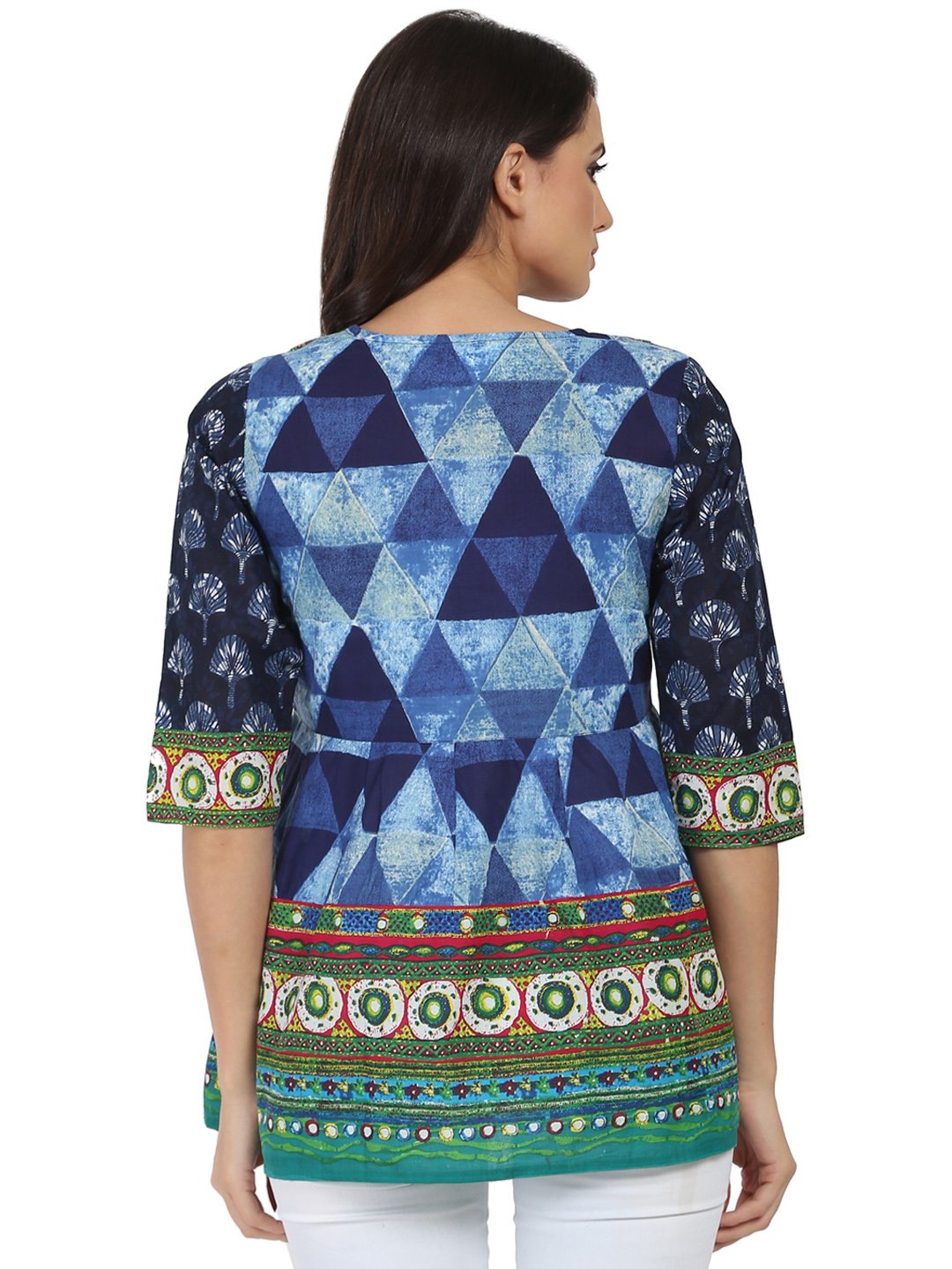 Blue printed 3/4th sleeve cotton Angrakha style tunic with latkan work at yoke | NOZ2TOZ - Made In INDIA.