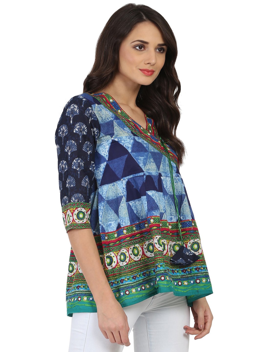 Blue printed 3/4th sleeve cotton Angrakha style tunic with latkan work at yoke | NOZ2TOZ - Made In INDIA.