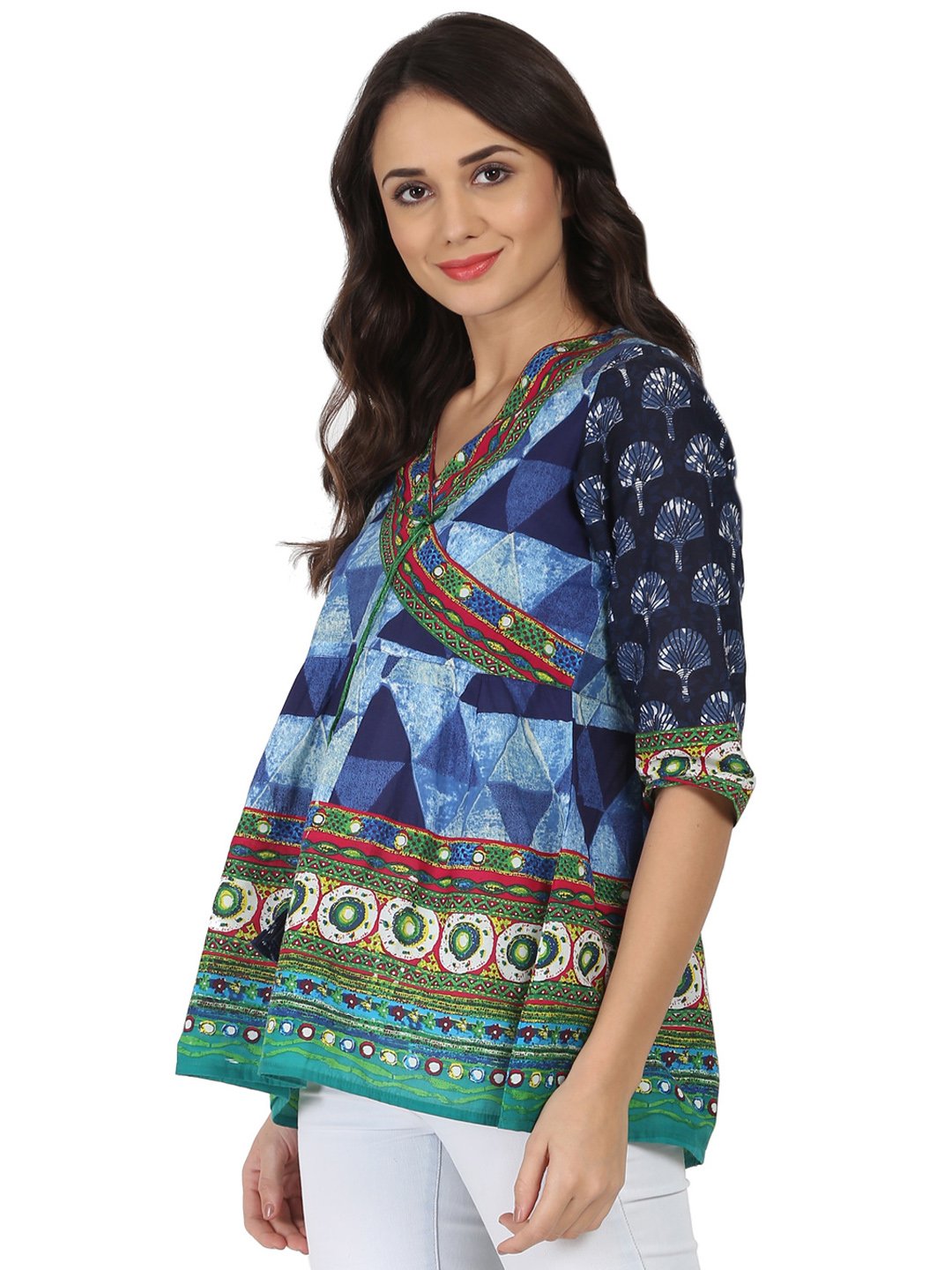 Blue printed 3/4th sleeve cotton Angrakha style tunic with latkan work at yoke | NOZ2TOZ - Made In INDIA.