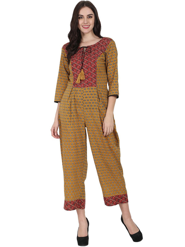 Yellow printed 3/4th sleeve cotton Jumpsuit with double pocket & dori work at yoke | NOZ2TOZ - Made In INDIA.