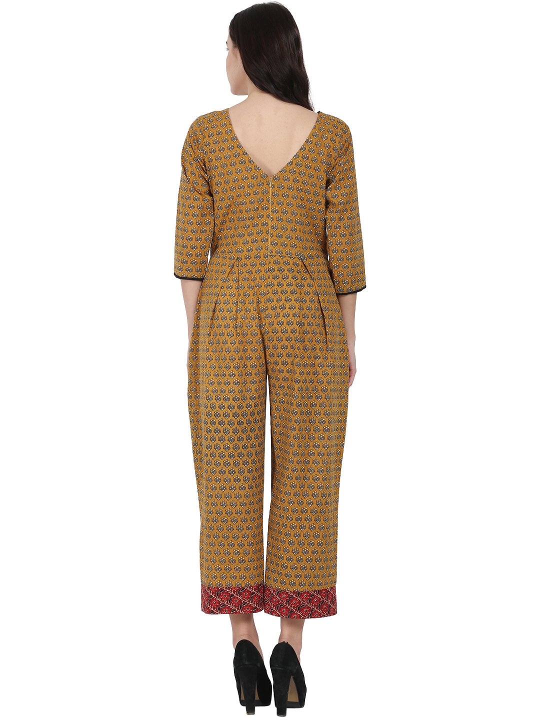 Yellow printed 3/4th sleeve cotton Jumpsuit with double pocket & dori work at yoke | NOZ2TOZ - Made In INDIA.