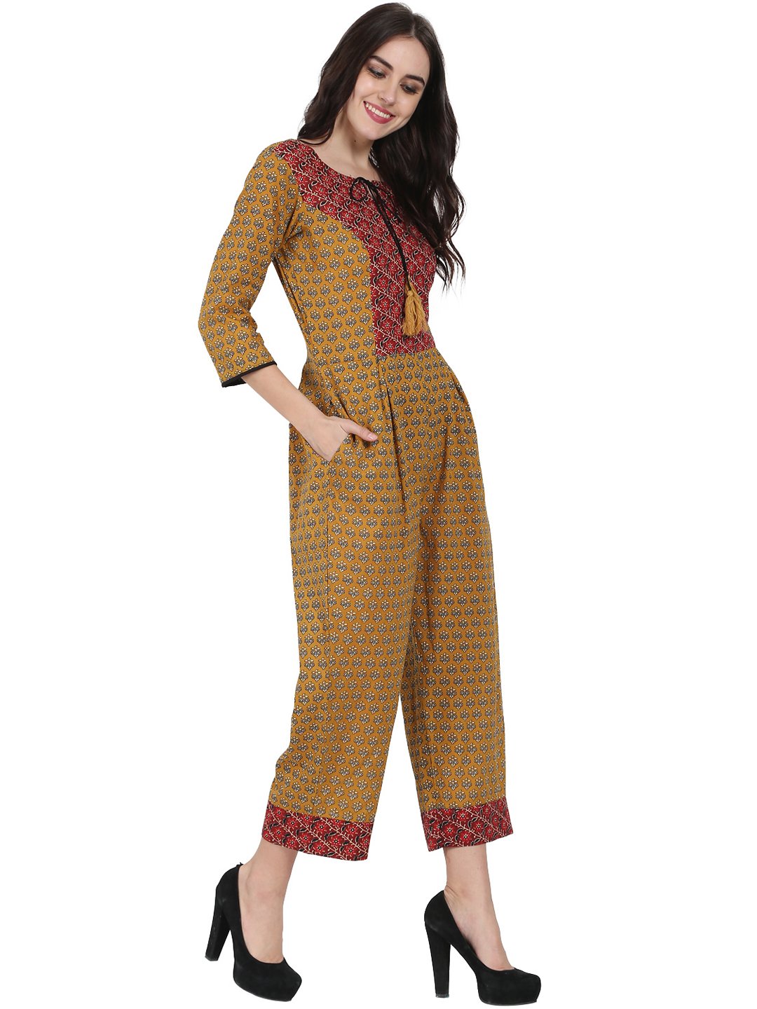 Yellow printed 3/4th sleeve cotton Jumpsuit with double pocket & dori work at yoke | NOZ2TOZ - Made In INDIA.