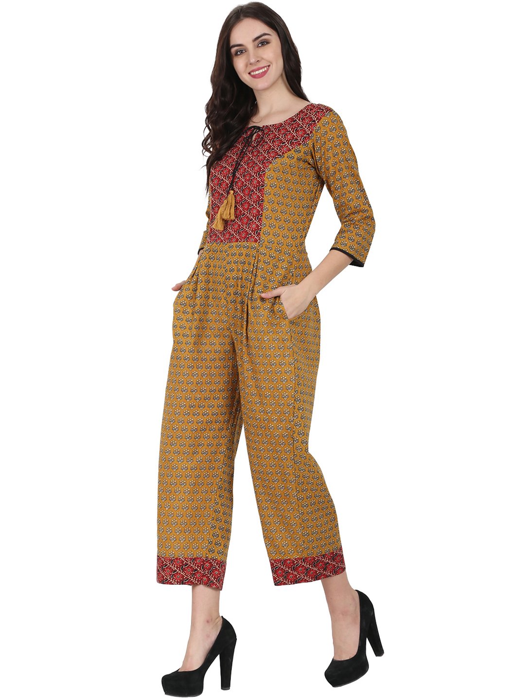 Yellow printed 3/4th sleeve cotton Jumpsuit with double pocket & dori work at yoke | NOZ2TOZ - Made In INDIA.