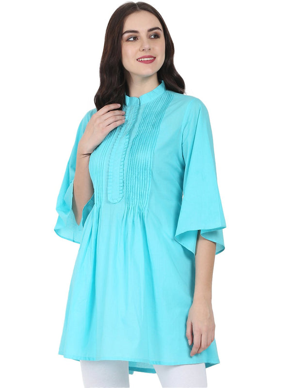 Blue 3/4th flared sleeve cotton A-line Tunic with pleat work at yoke | NOZ2TOZ - Made In INDIA.