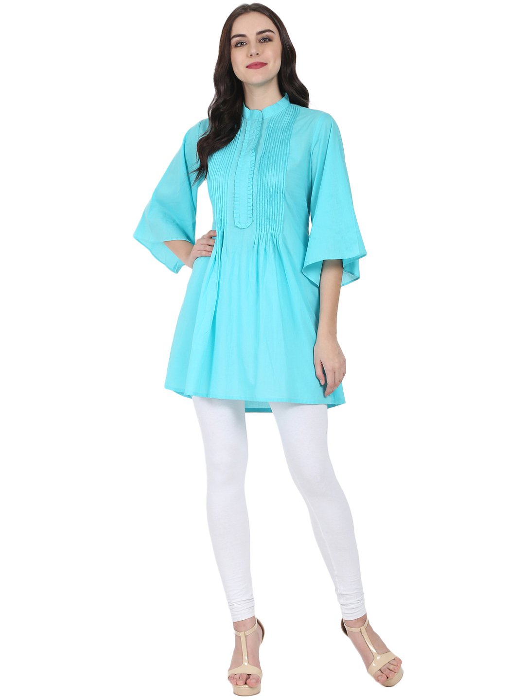 Blue 3/4th flared sleeve cotton A-line Tunic with pleat work at yoke | NOZ2TOZ - Made In INDIA.