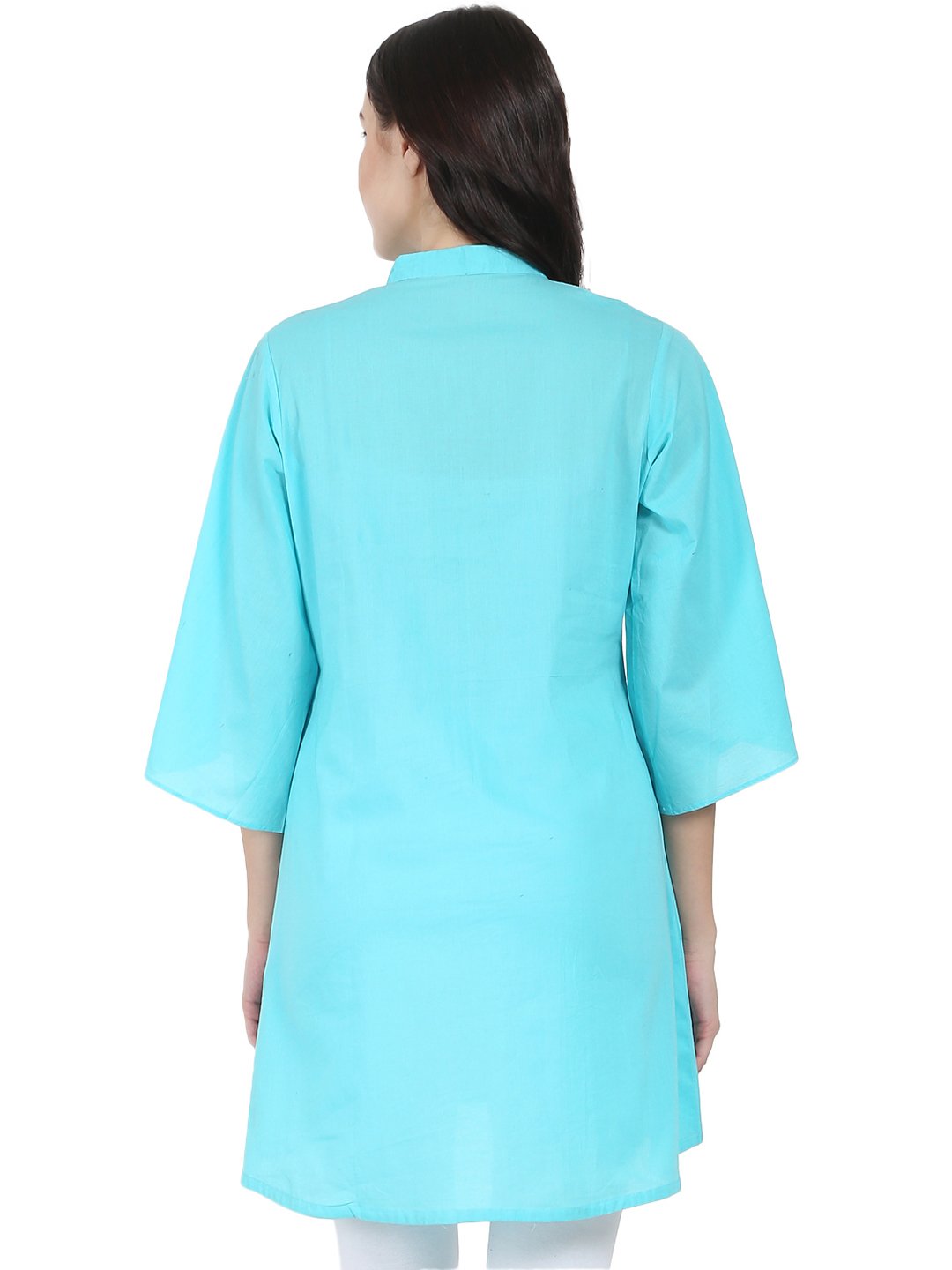 Blue 3/4th flared sleeve cotton A-line Tunic with pleat work at yoke | NOZ2TOZ - Made In INDIA.