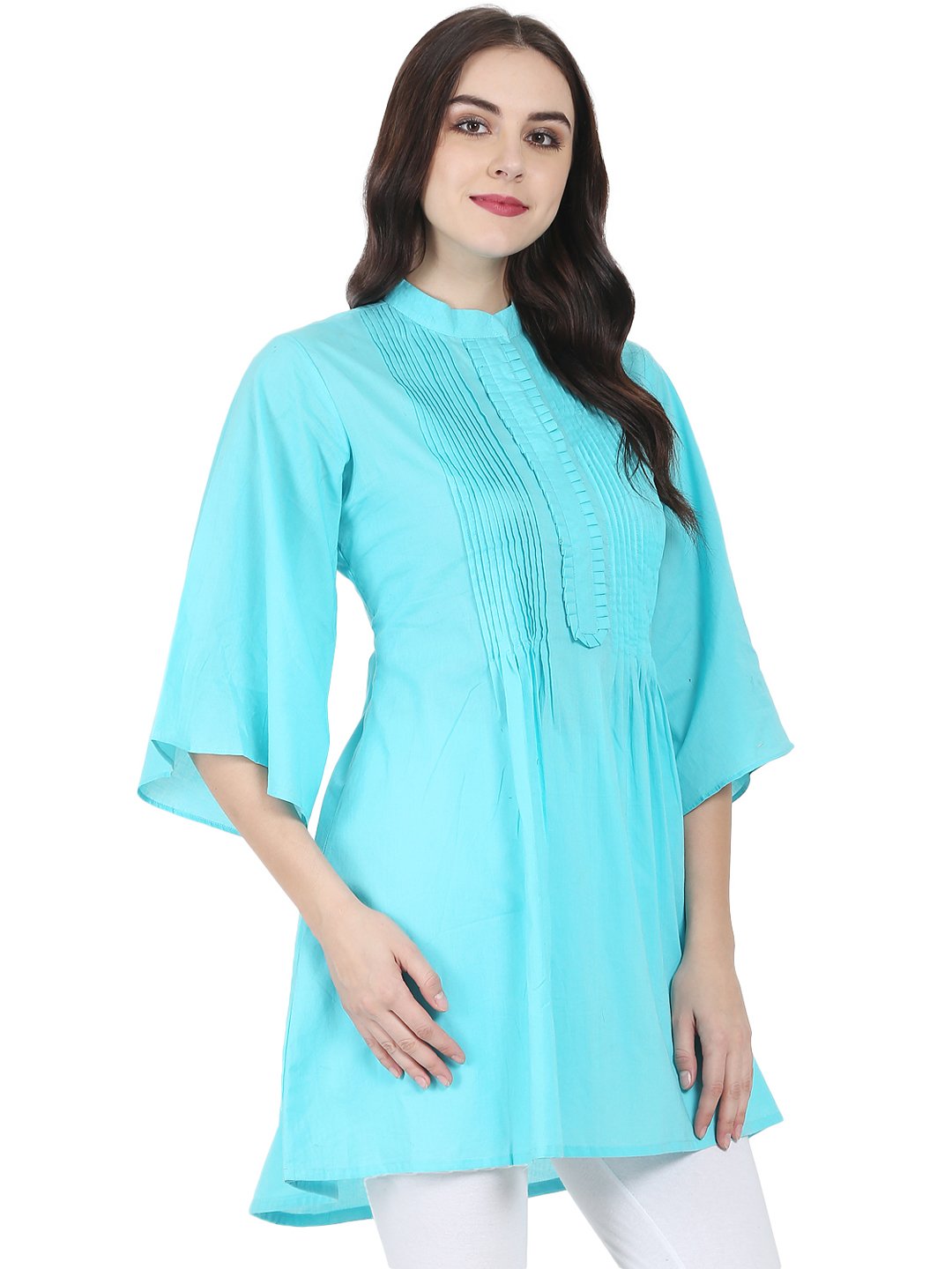 Blue 3/4th flared sleeve cotton A-line Tunic with pleat work at yoke | NOZ2TOZ - Made In INDIA.