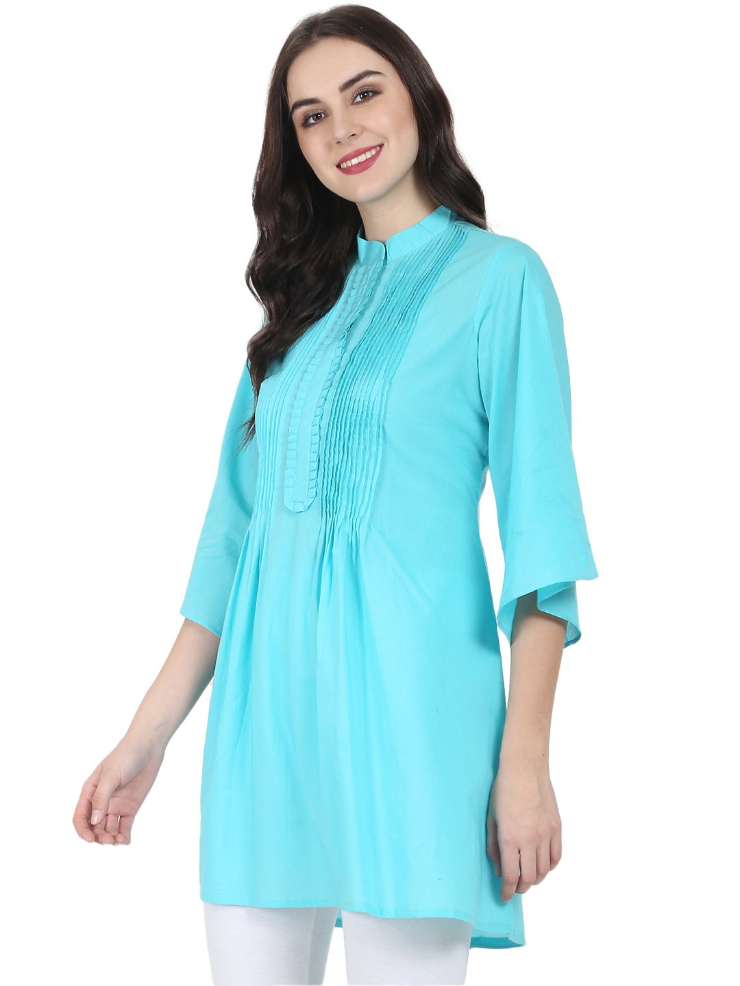 Blue 3/4th flared sleeve cotton A-line Tunic with pleat work at yoke | NOZ2TOZ - Made In INDIA.