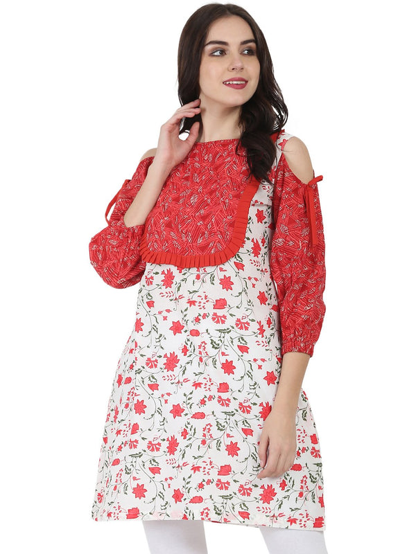 White & red printed 3/4th sleeve cotton Cold shoulder Tunic | NOZ2TOZ - Made In INDIA.