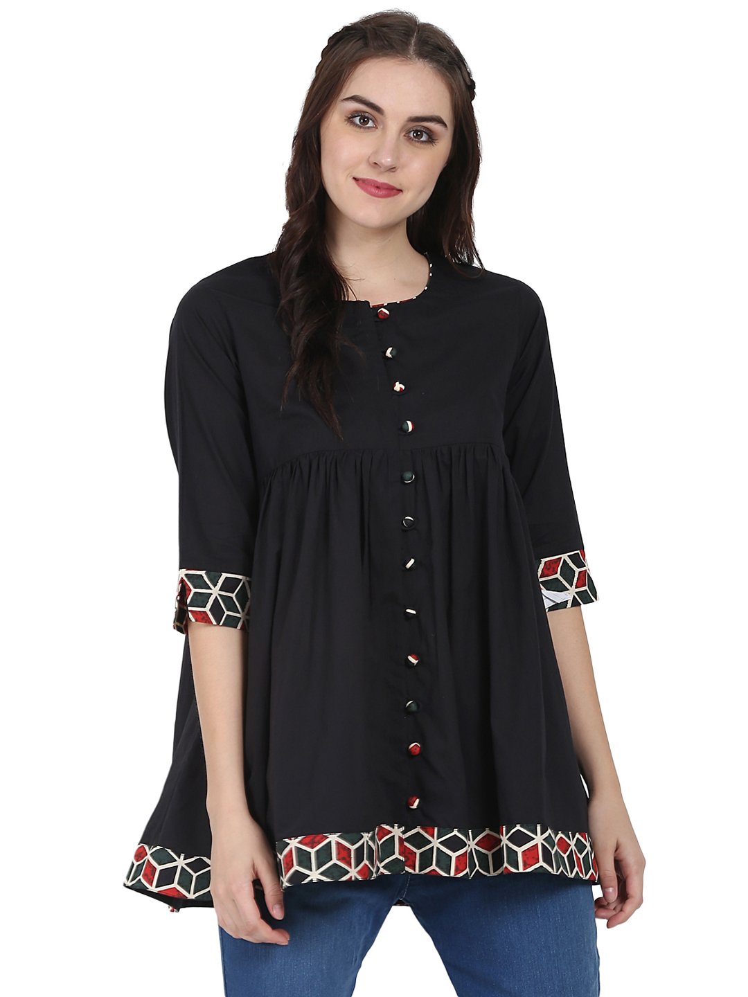 Black 3/4th sleeve cotton A-line tunic | NOZ2TOZ - Made In INDIA.