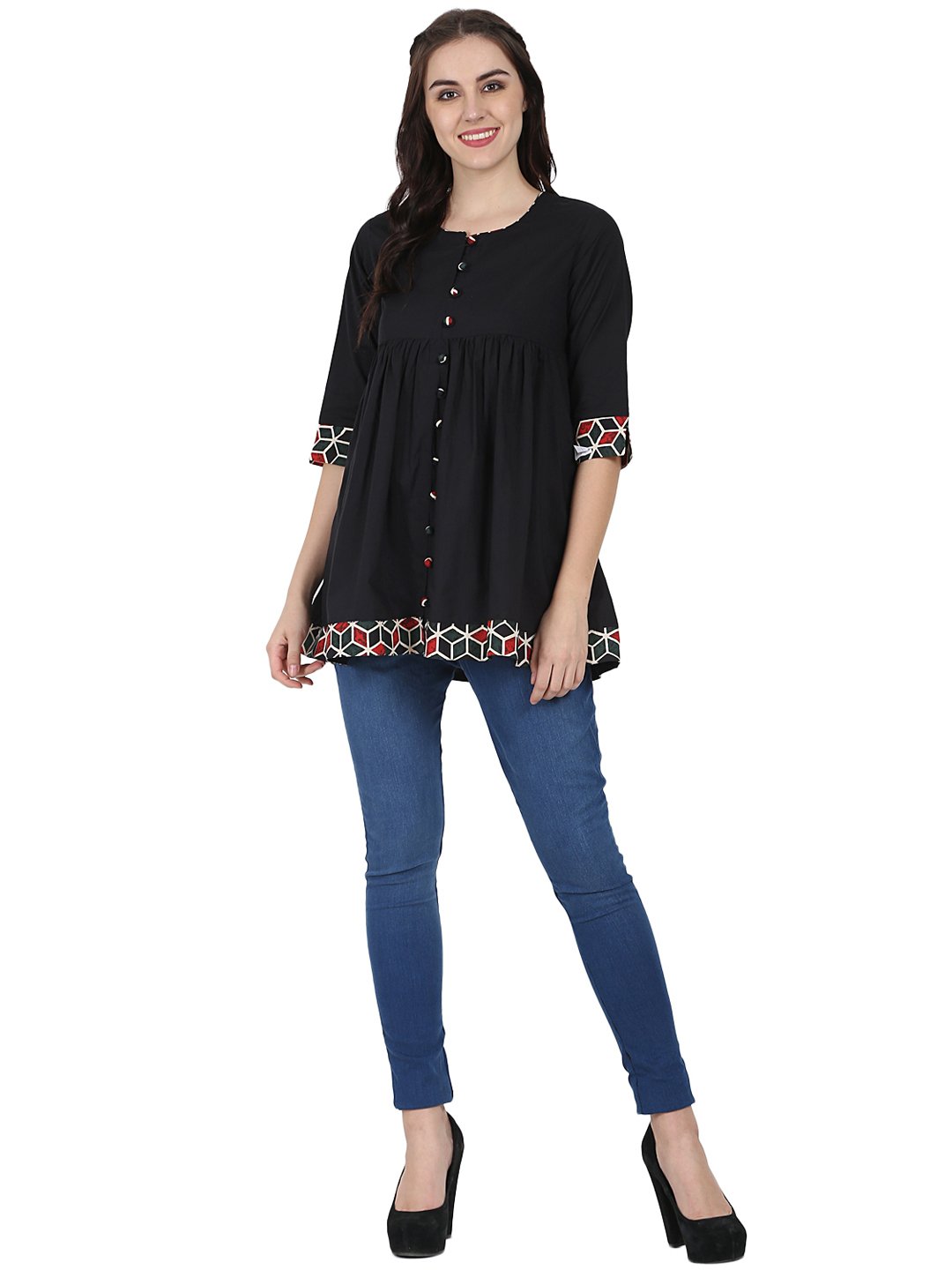 Black 3/4th sleeve cotton A-line tunic | NOZ2TOZ - Made In INDIA.