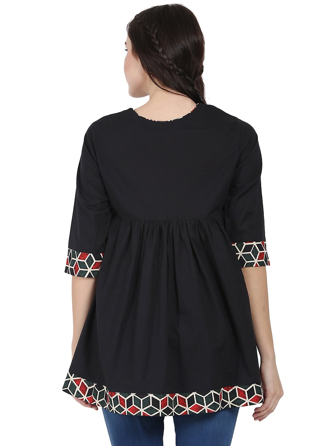 Black 3/4th sleeve cotton A-line tunic | NOZ2TOZ - Made In INDIA.