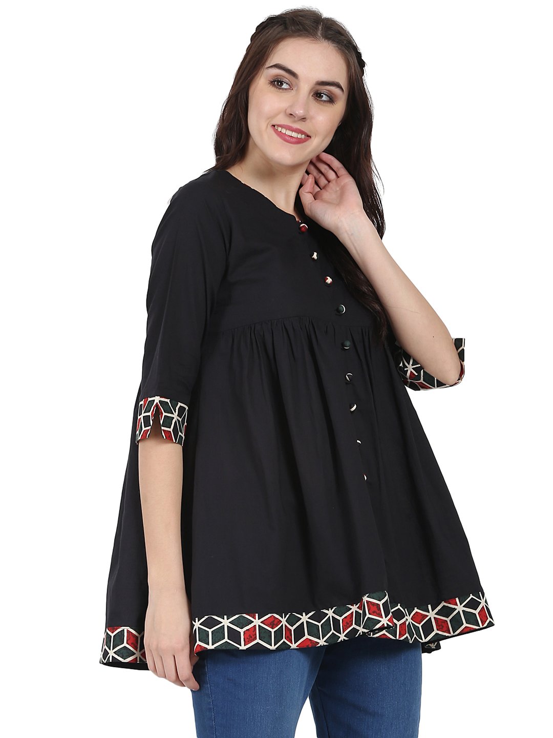 Black 3/4th sleeve cotton A-line tunic | NOZ2TOZ - Made In INDIA.