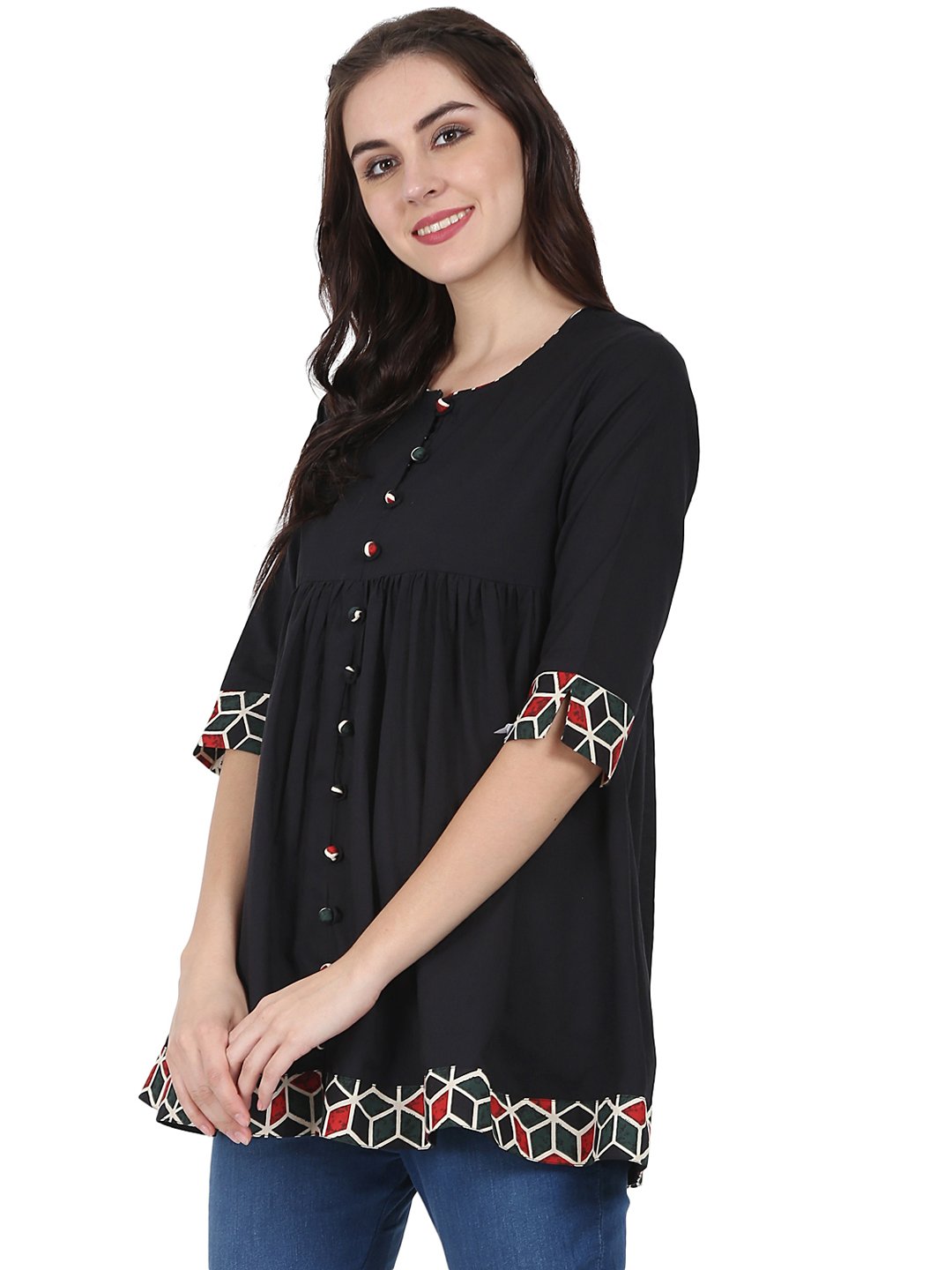 Black 3/4th sleeve cotton A-line tunic | NOZ2TOZ - Made In INDIA.