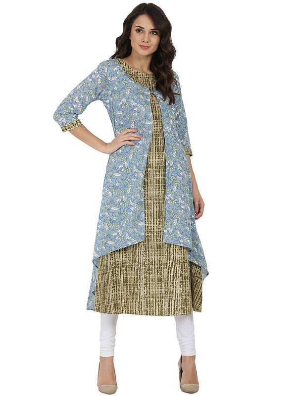 Blue & green printed 3/4th sleeve cotton Double layer kurta | NOZ2TOZ - Made In INDIA.