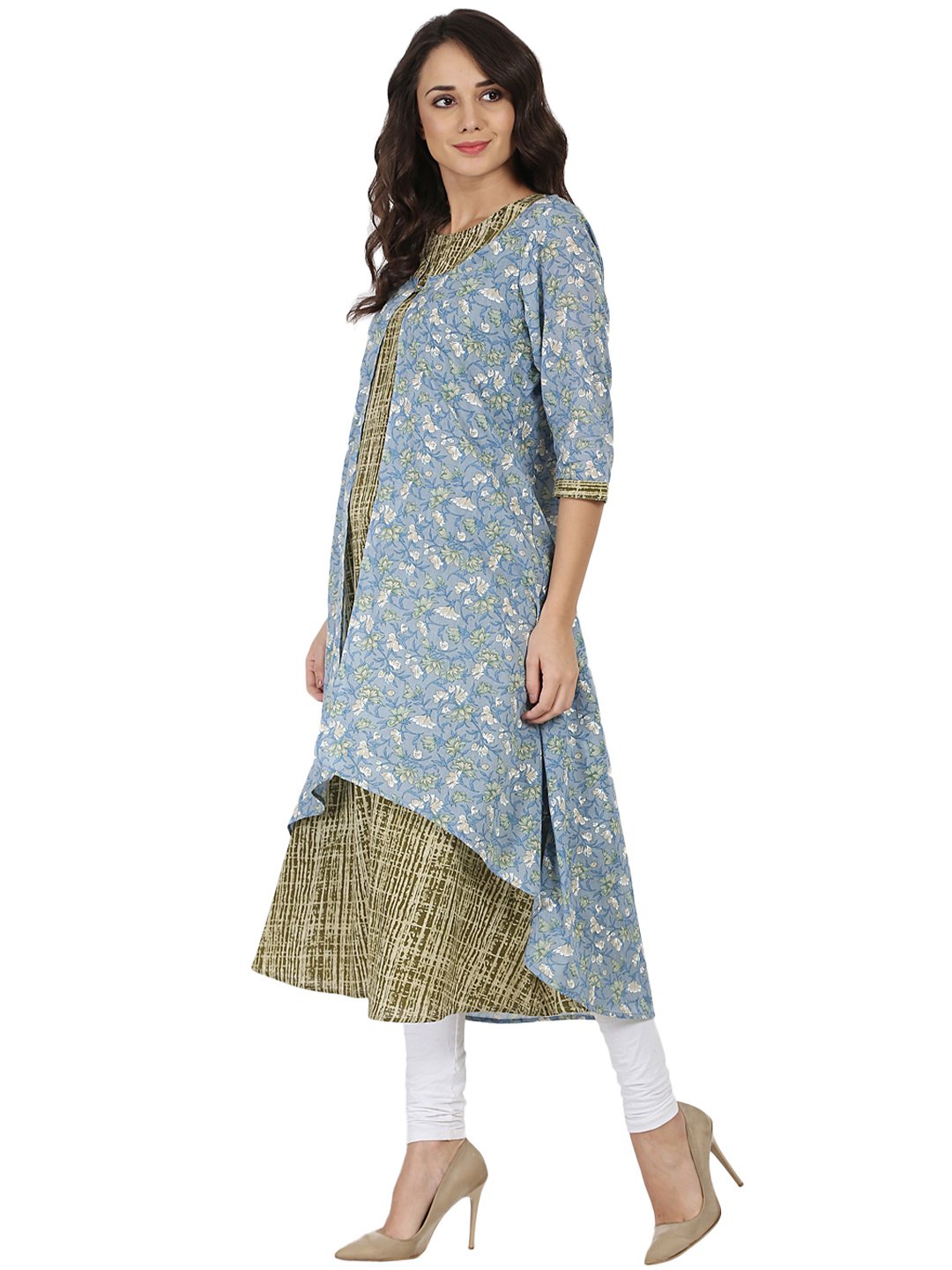 Blue & green printed 3/4th sleeve cotton Double layer kurta | NOZ2TOZ - Made In INDIA.