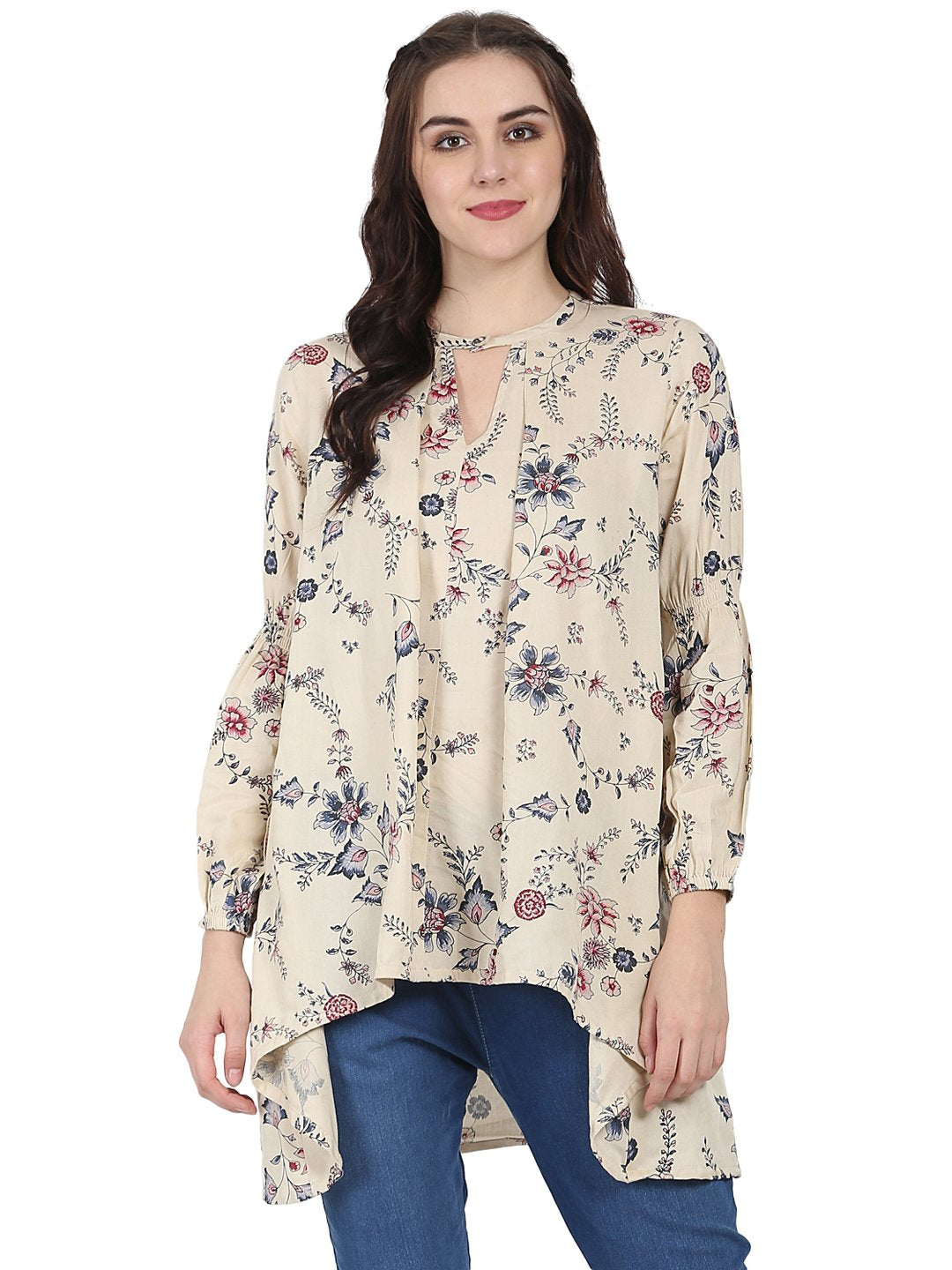 Beige printed full sleeve rayon low high Tunic | NOZ2TOZ - Made In INDIA.