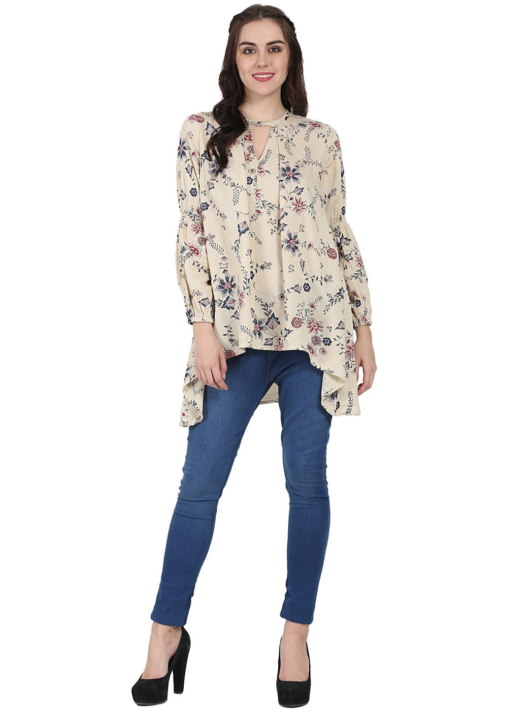 Beige printed full sleeve rayon low high Tunic | NOZ2TOZ - Made In INDIA.