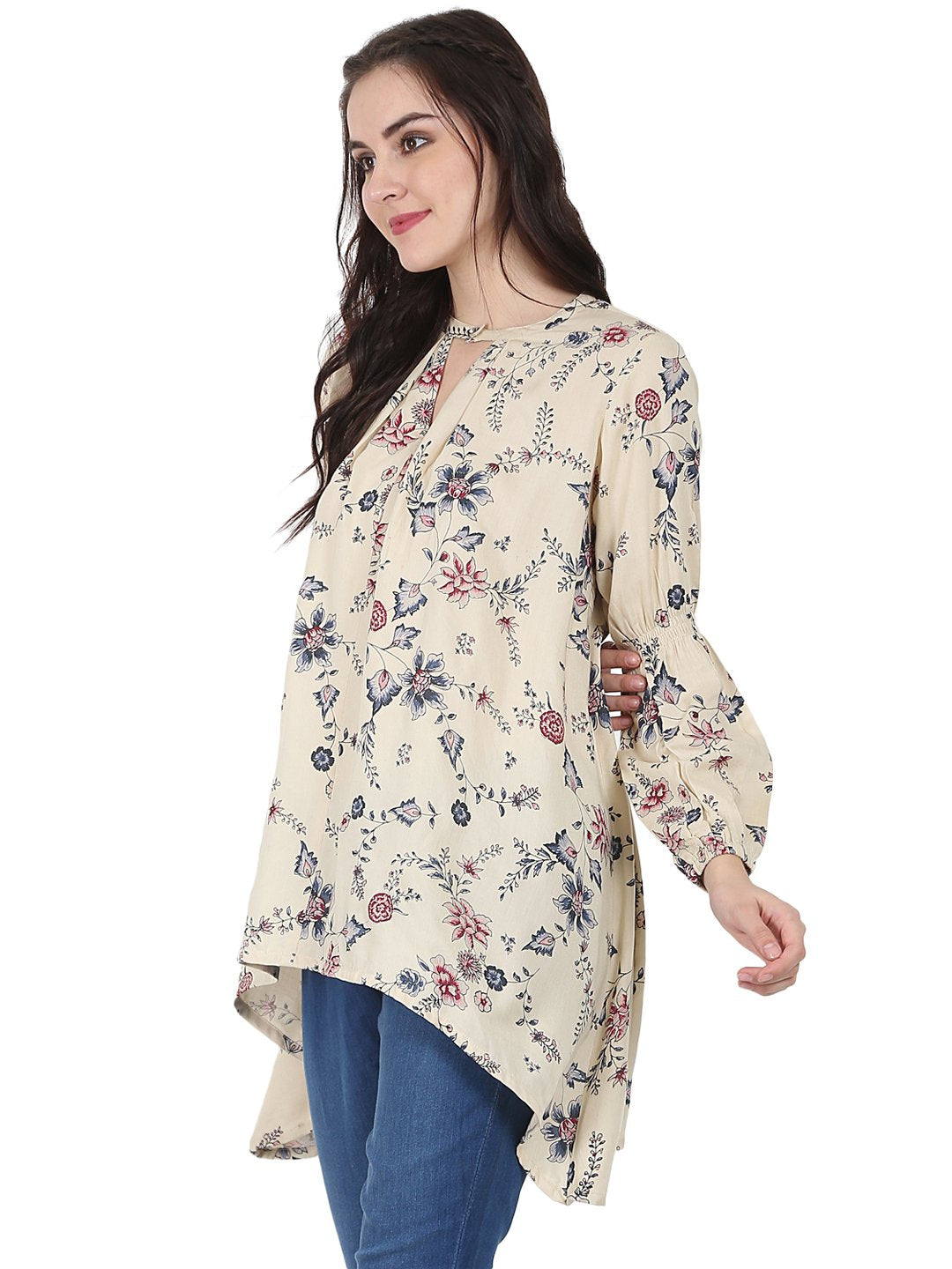 Beige printed full sleeve rayon low high Tunic | NOZ2TOZ - Made In INDIA.