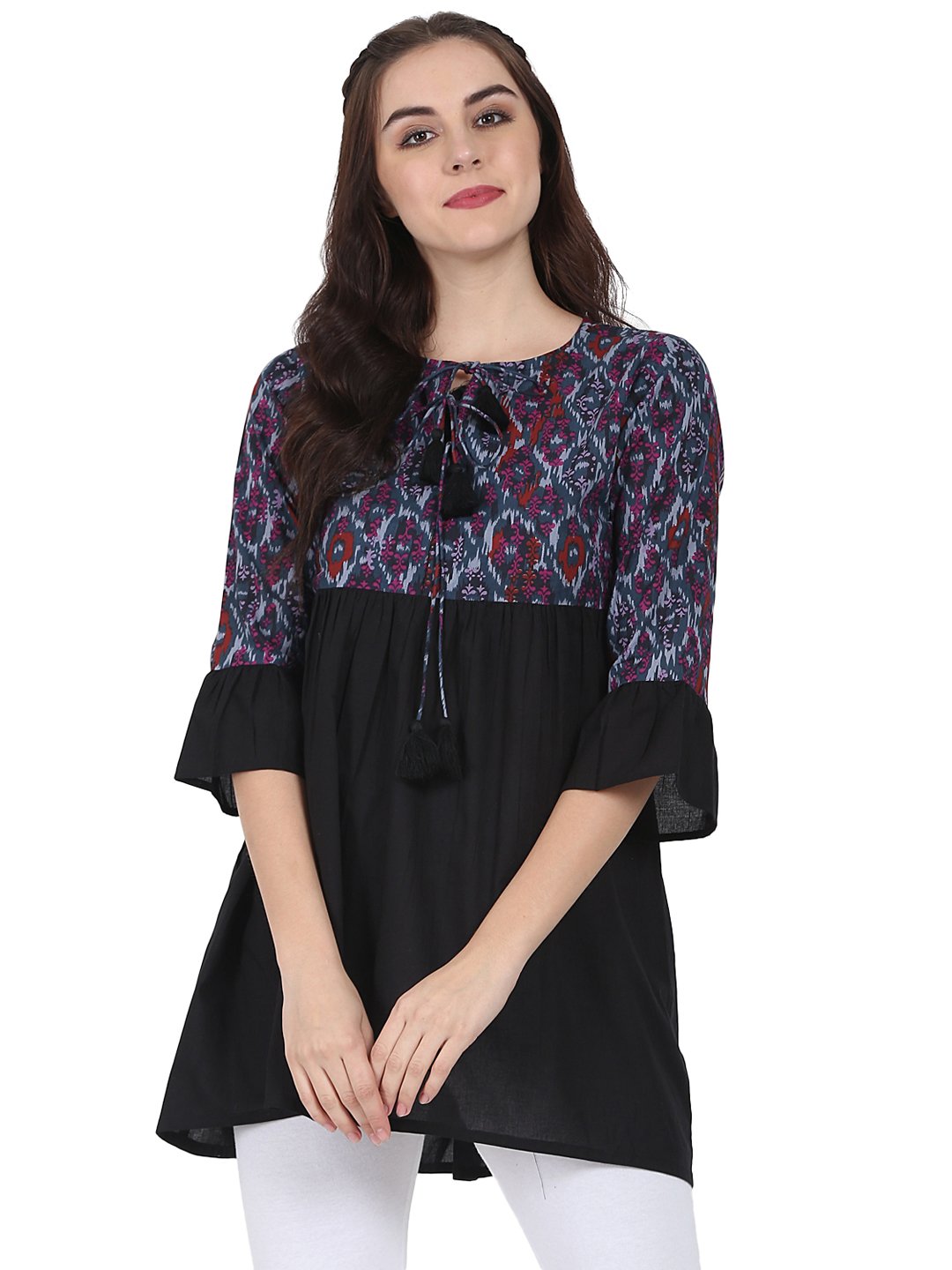 Black printed 3/4th sleeve cotton Tunic | NOZ2TOZ - Made In INDIA.